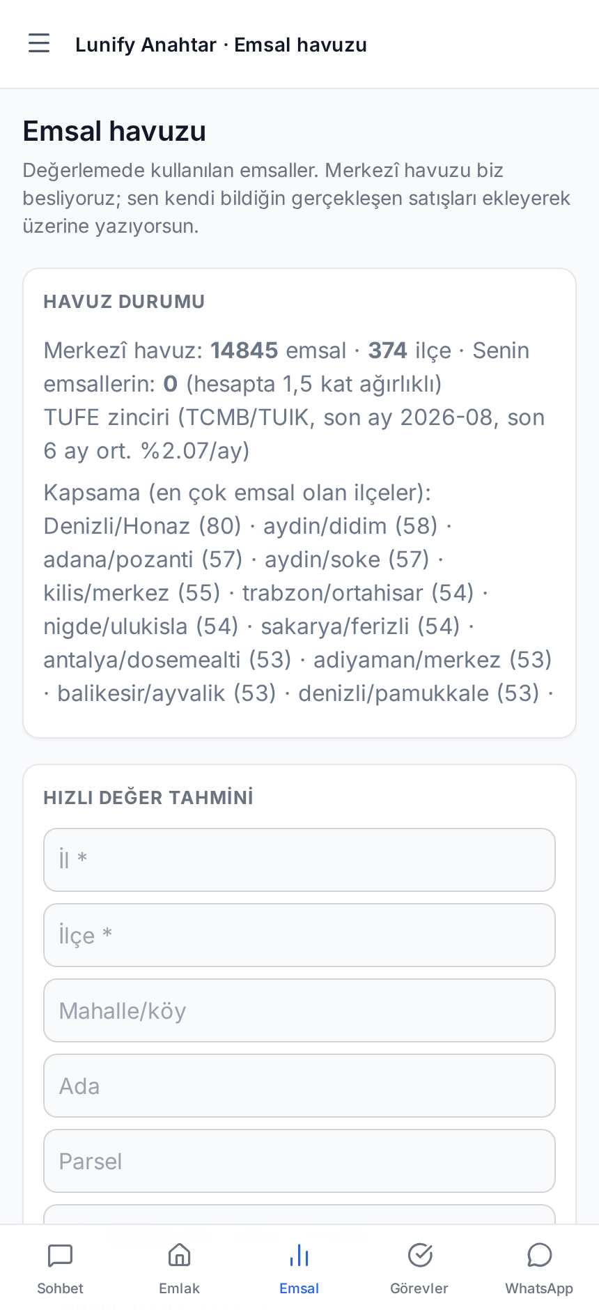 10. Emsal havuzu — kendi bildiğiniz satışlar